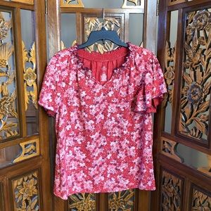 St. John’s Bay Red Floral Blouse Women Sz XL Short Sleeve V-Neck Knit Adult